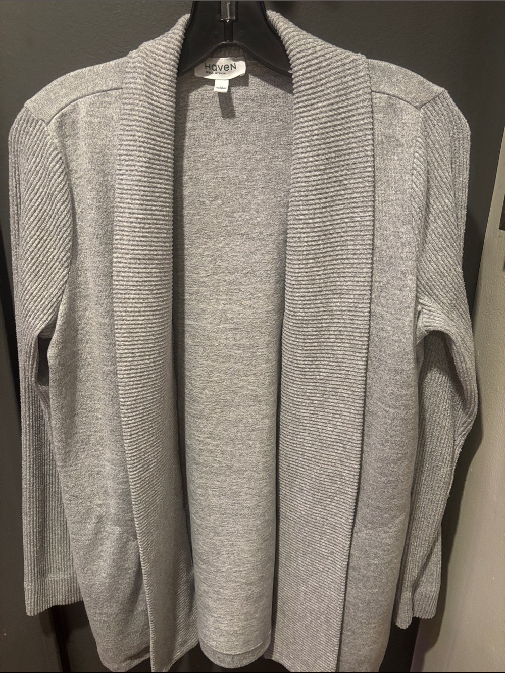 Haven Light Gray Open-Front Ribbed Shawl Collar Cardigan